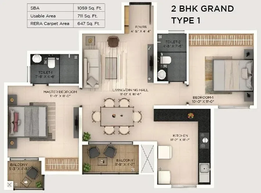 Purva Varthur 2 BHK Grand floor plan, SBA 1,059 sq ft, RERA carpet 647 sq ft